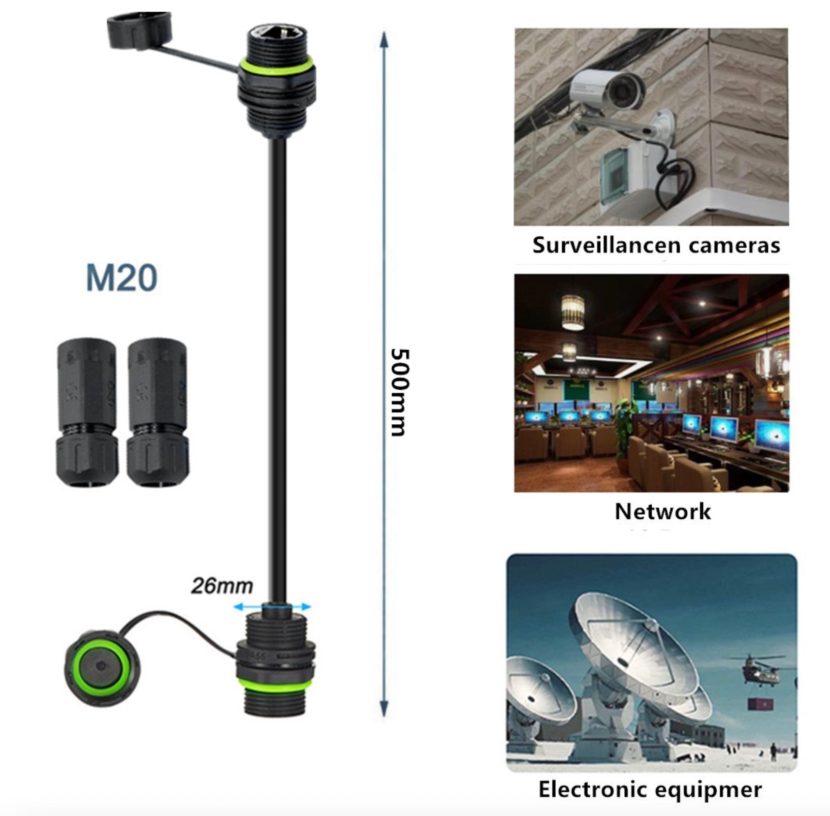 Cat 6 Network Cable, M20 RJ45 Female to Female Waterproof Connector | IP68 8P8C Shield Ethernet Coupler