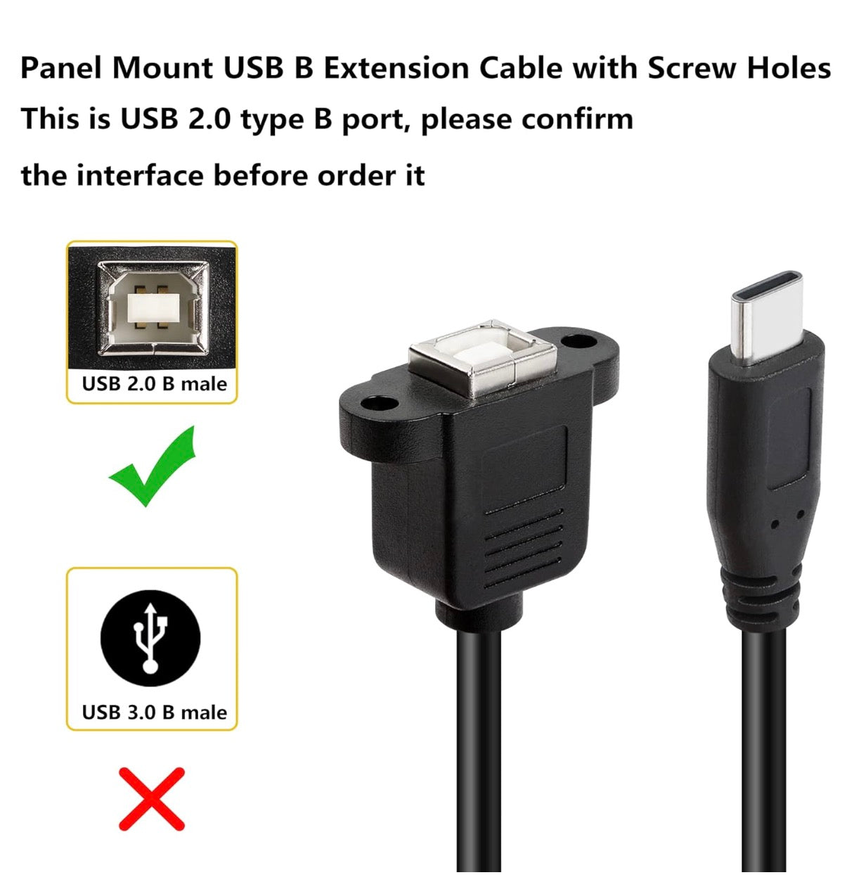 USB C Male to USB B Female Extension Panel Mount Cable