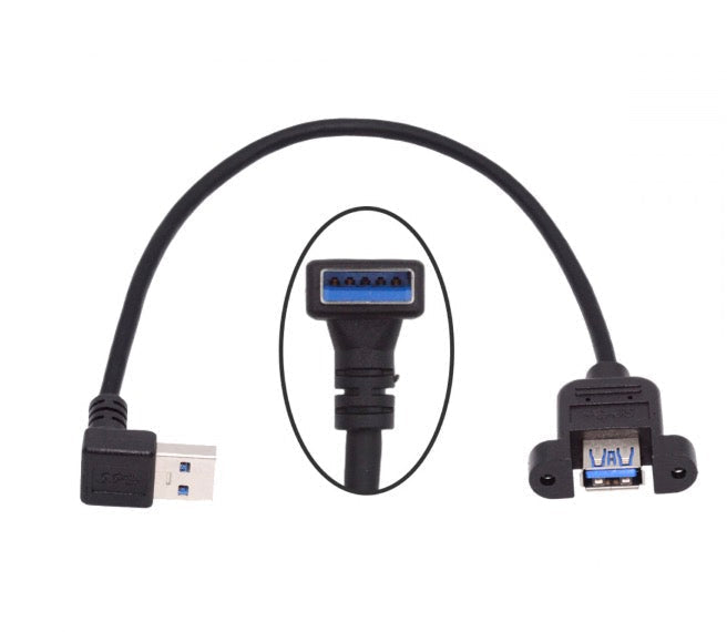 USB 3.0 Panel Mount Cable, USB 3.0 A Male to Female with M3 Screws Extension Connector | Down Angle