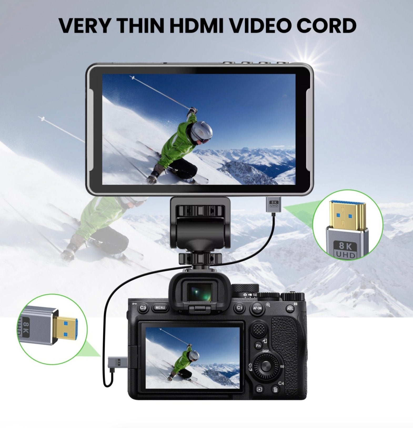 Micro HDMI to HDMI 2.1 Extreme Slim Coaxial Cable, Ultra High Speed OD2.5mm Audio Video Angled Cable | 8K@60Hz