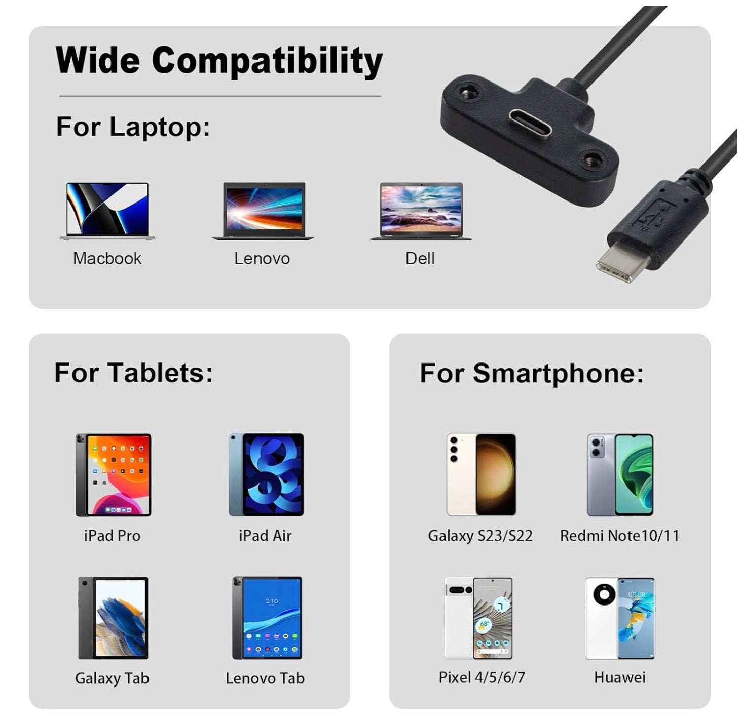 USB C Male to USB C Angled Female Panel Mount Charging Extension Cable 3A