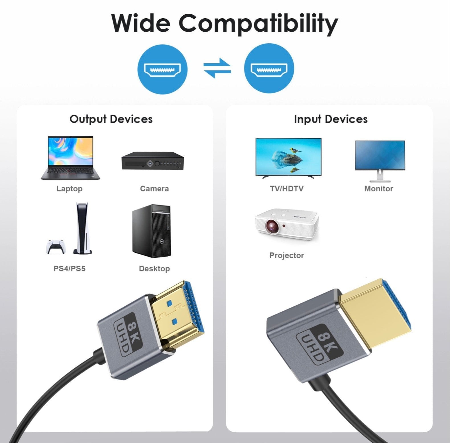 Ultra Thin HDMI 2.1 Coiled Coaxial Cable, Male to Male Flexible Cord | 8K@60Hz | Right Angle