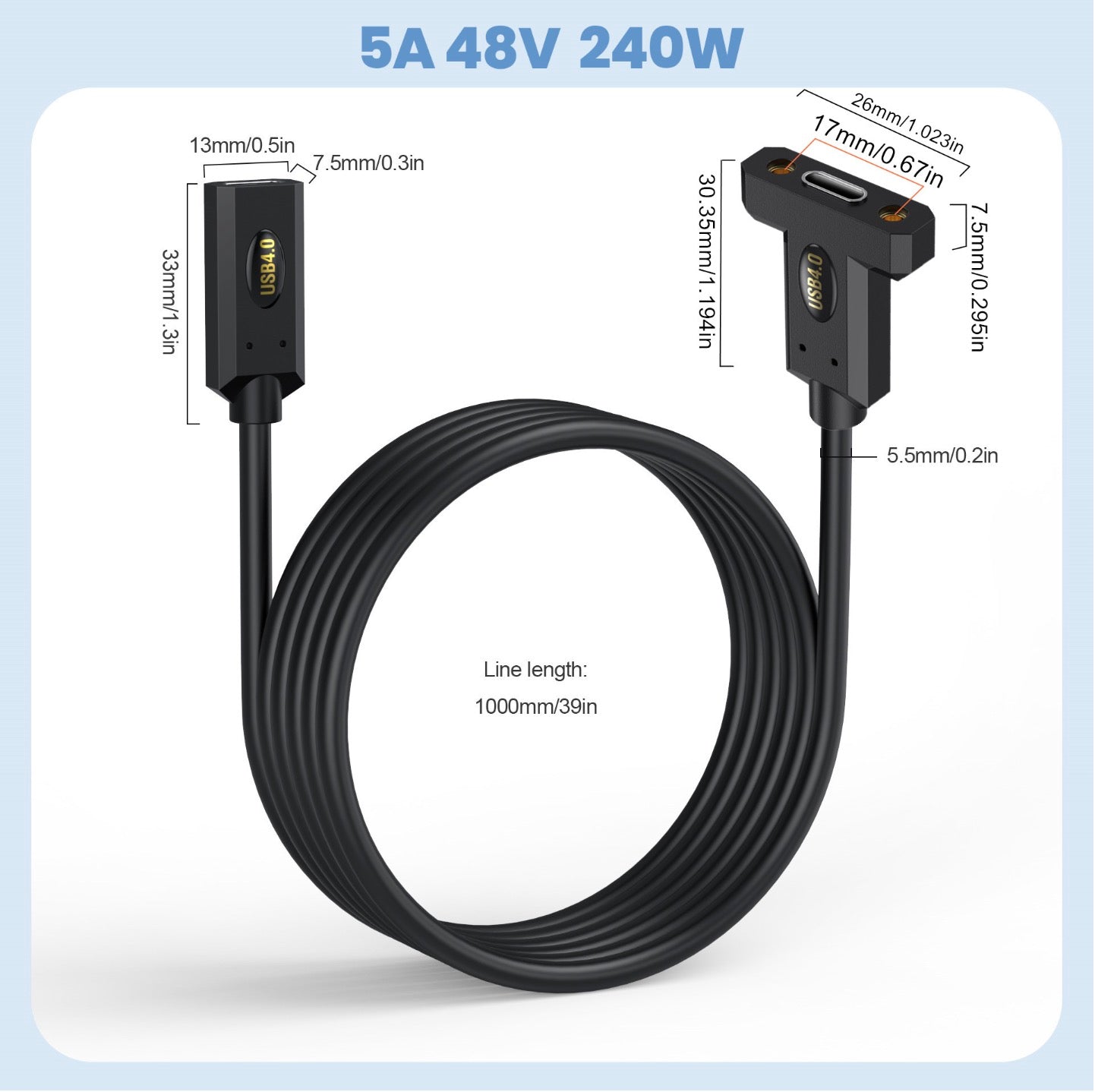 USB 4.0 Type C female to female panel mount cable with screw flange supporting 40Gbps data and 240W PD charging