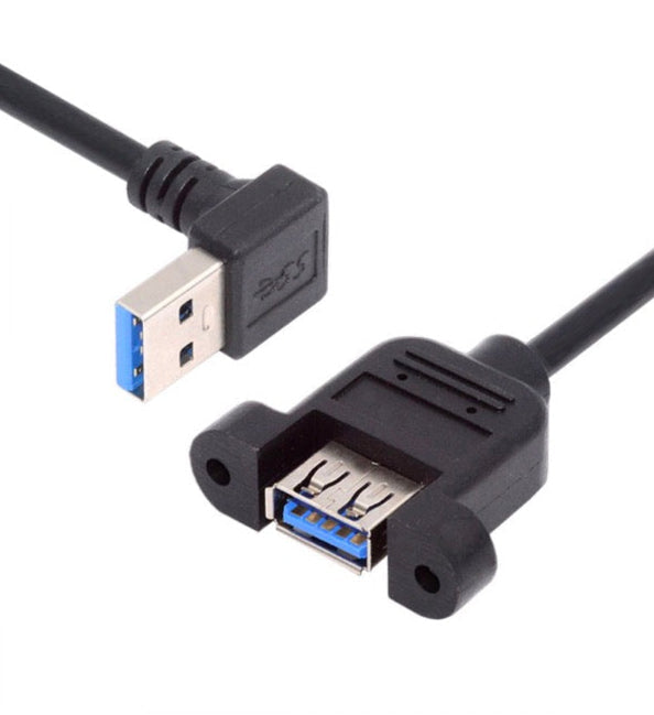 USB 3.0 Panel Mount Cable, USB 3.0 A Male to Female with M3 Screws Extension Connector | Down Angle