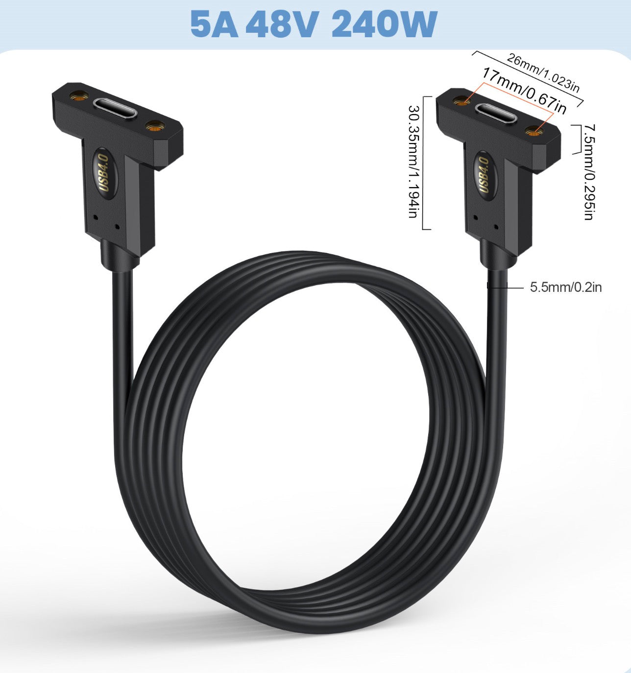USB 4.0 Type C Panel Mount Extension Cable, USB C Female PD Charging Extension Connector | 5A 240W 40Gbps