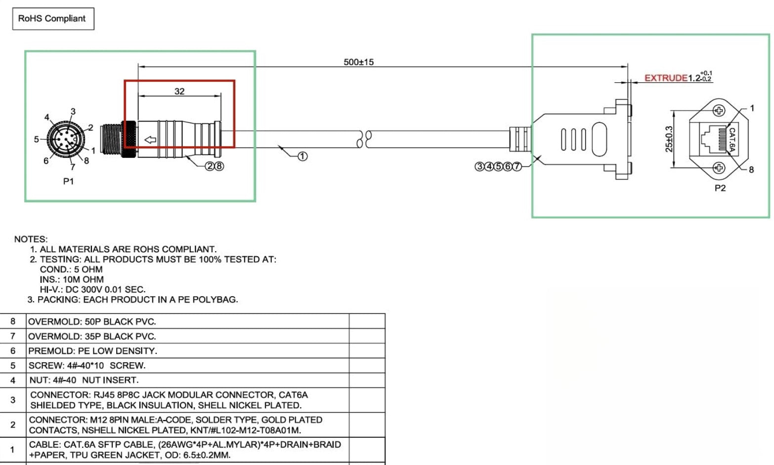 M12 8Pin A Code to RJ45 Female Industrial Cat6A Ethernet Extension Cable, with Screw Lock IP67 10Gbps Shielded GigE Vision Connector