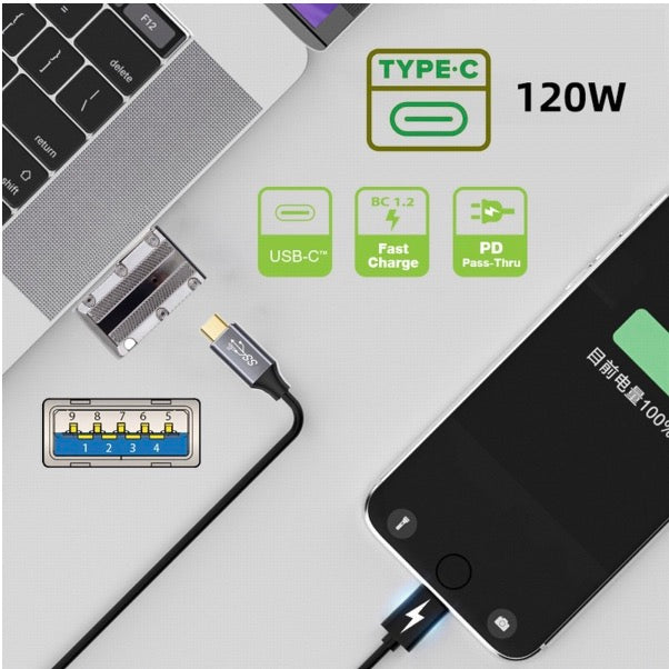 USB 3.0 A Male to USB C Female Data Power Adapter 10Gbps 120W Right Angle