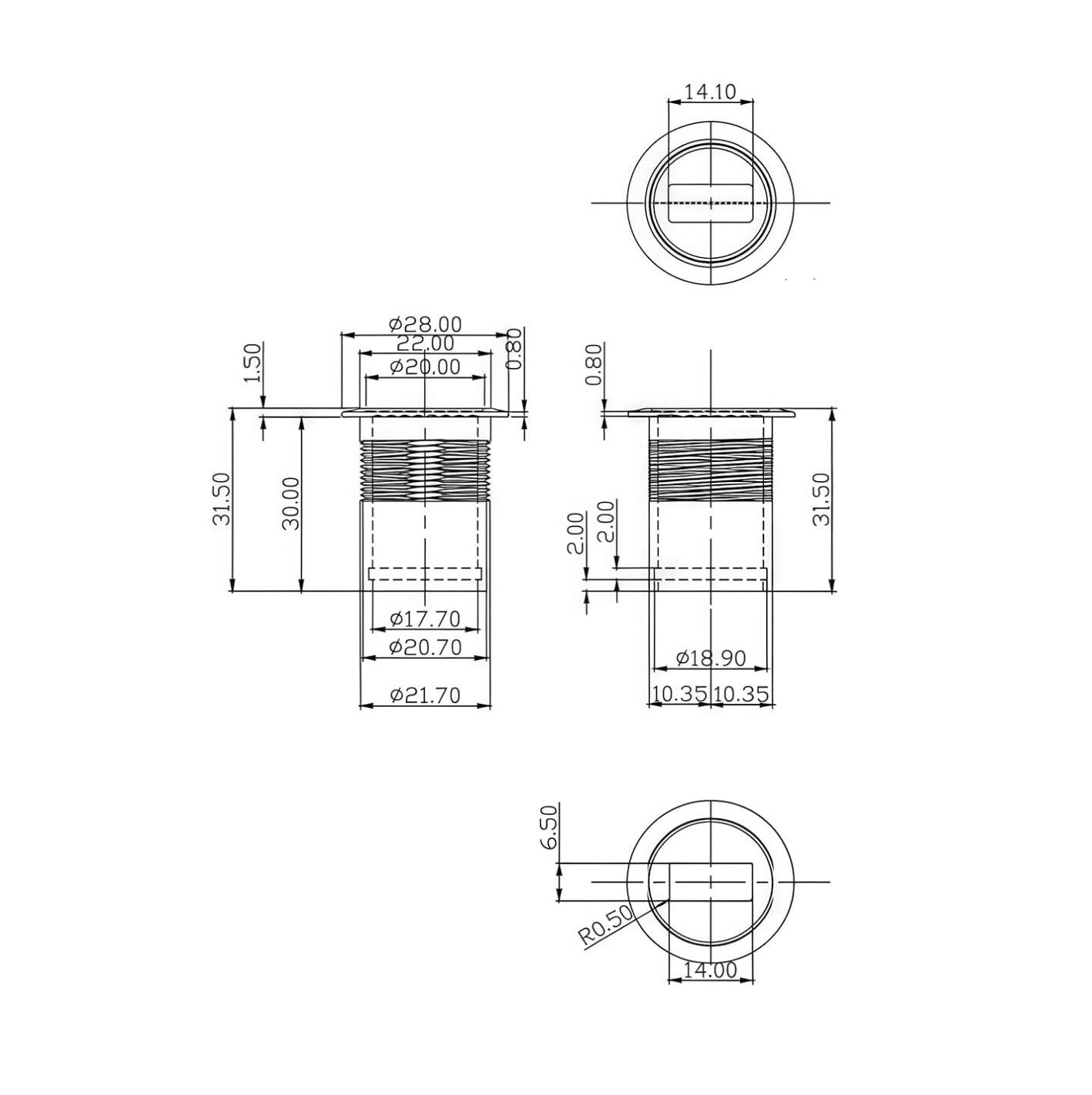 3.5mm TRS Stereo Male to Female Extension Cable, Flush Panel Mount Threaded Embedded Fixed AUX Audio Adapter