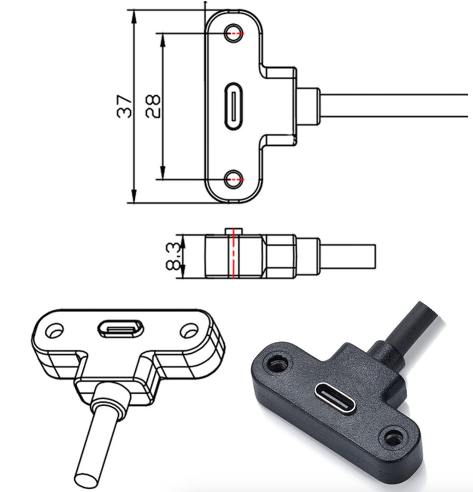 USB C Male to USB C Angled Female Panel Mount Charging Extension Cable 3A