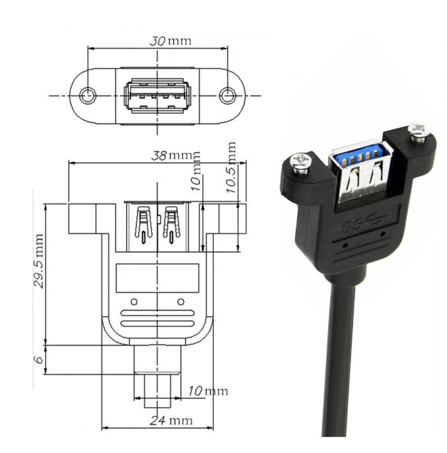 USB 3.0 Panel Mount Cable, USB 3.0 A Male to Female with M3 Screws Extension Connector | Left Angle