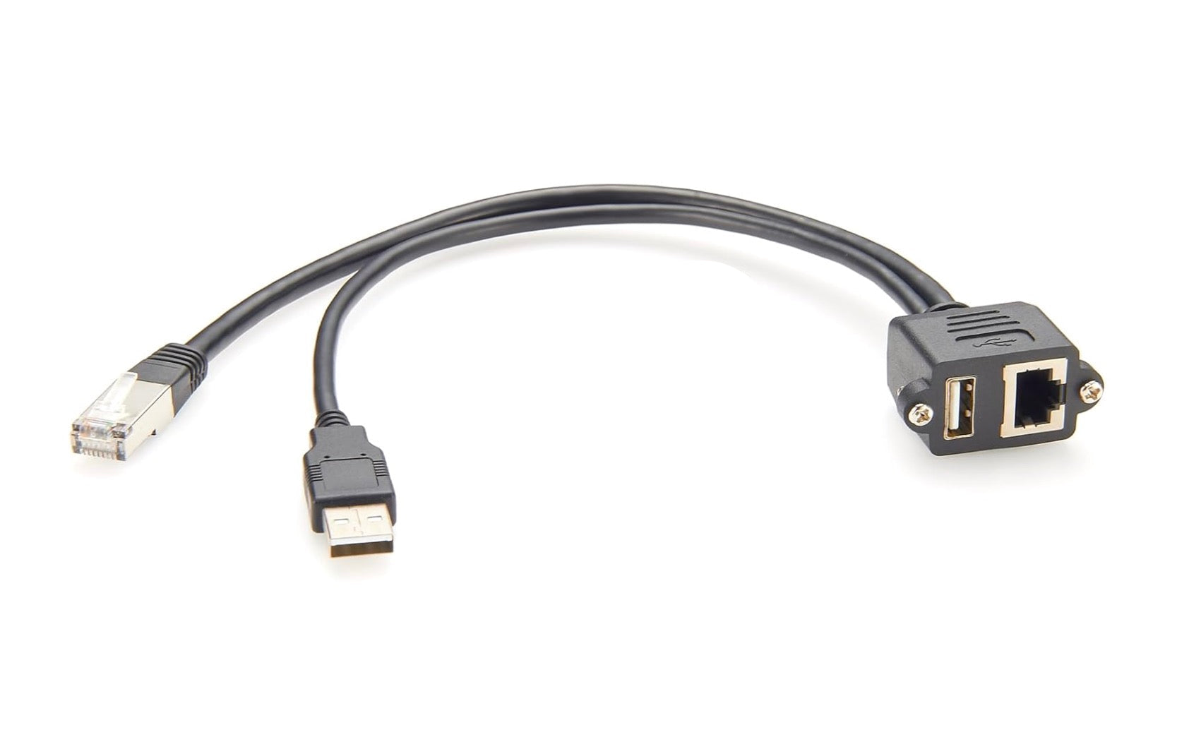 Dual USB 2.0 RJ45 Cat5e Ethernet Combo Extension Cable, 8P8C USB Type-A Male to Female Screw Panel Chassis Feedthrough Cord