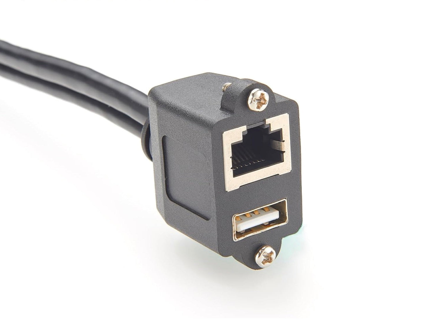 Dual USB 2.0 RJ45 Cat5e Ethernet Combo Extension Cable, 8P8C USB Type-A Male to Female Screw Panel Chassis Feedthrough Cord