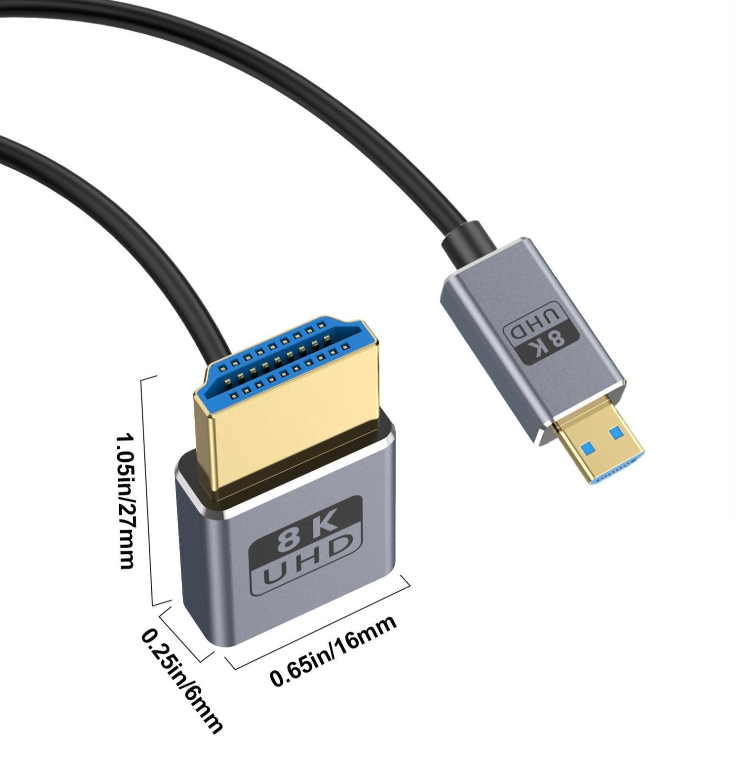 Micro HDMI to HDMI 2.1 Extreme Slim Coaxial Cable, Ultra High Speed OD2.5mm Audio Video Cable | Down Angle