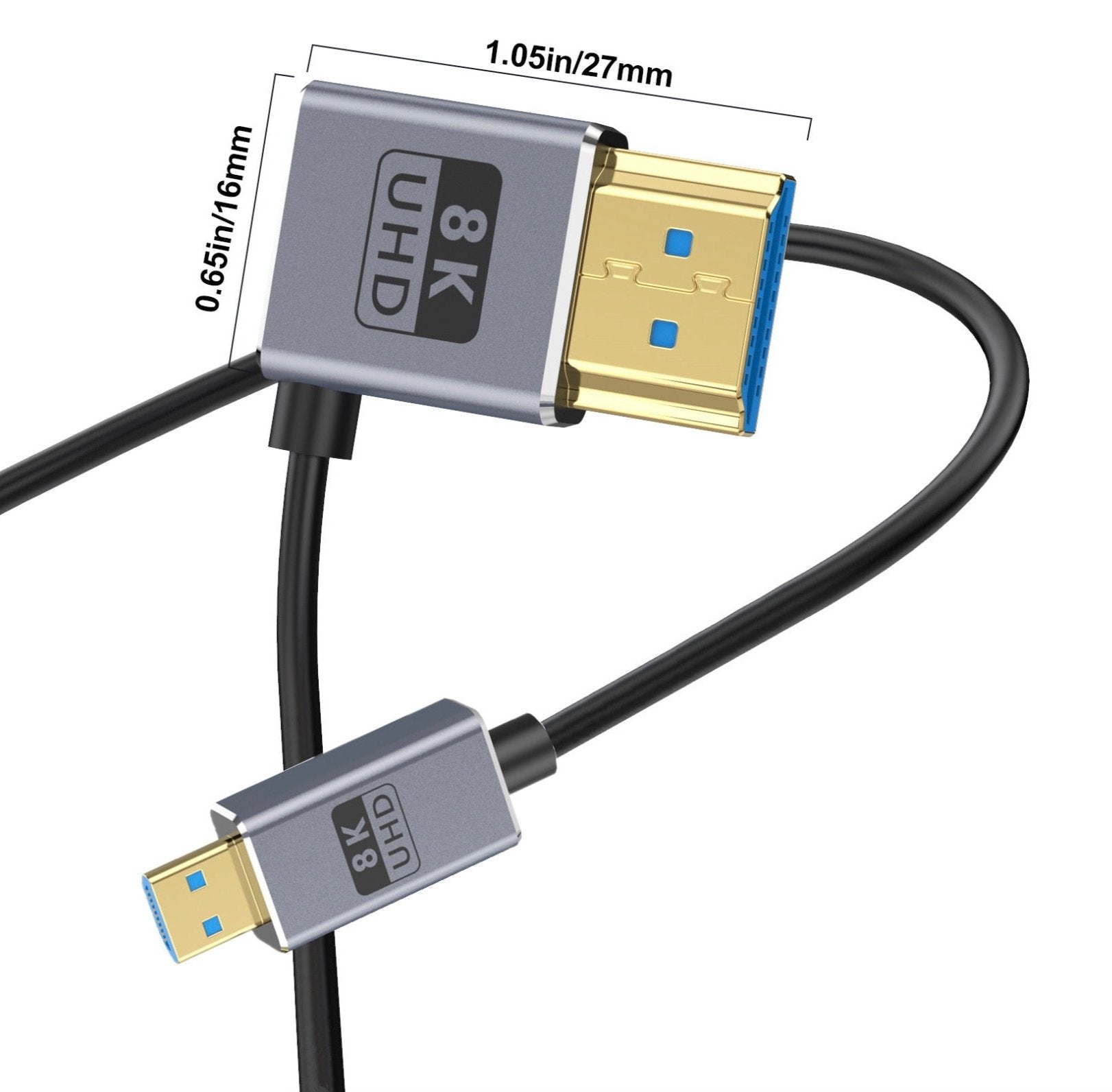 Micro HDMI to HDMI 2.1 Extreme Slim Coaxial Cable, Ultra High Speed OD2.5mm Audio Video Cable | Left Angle