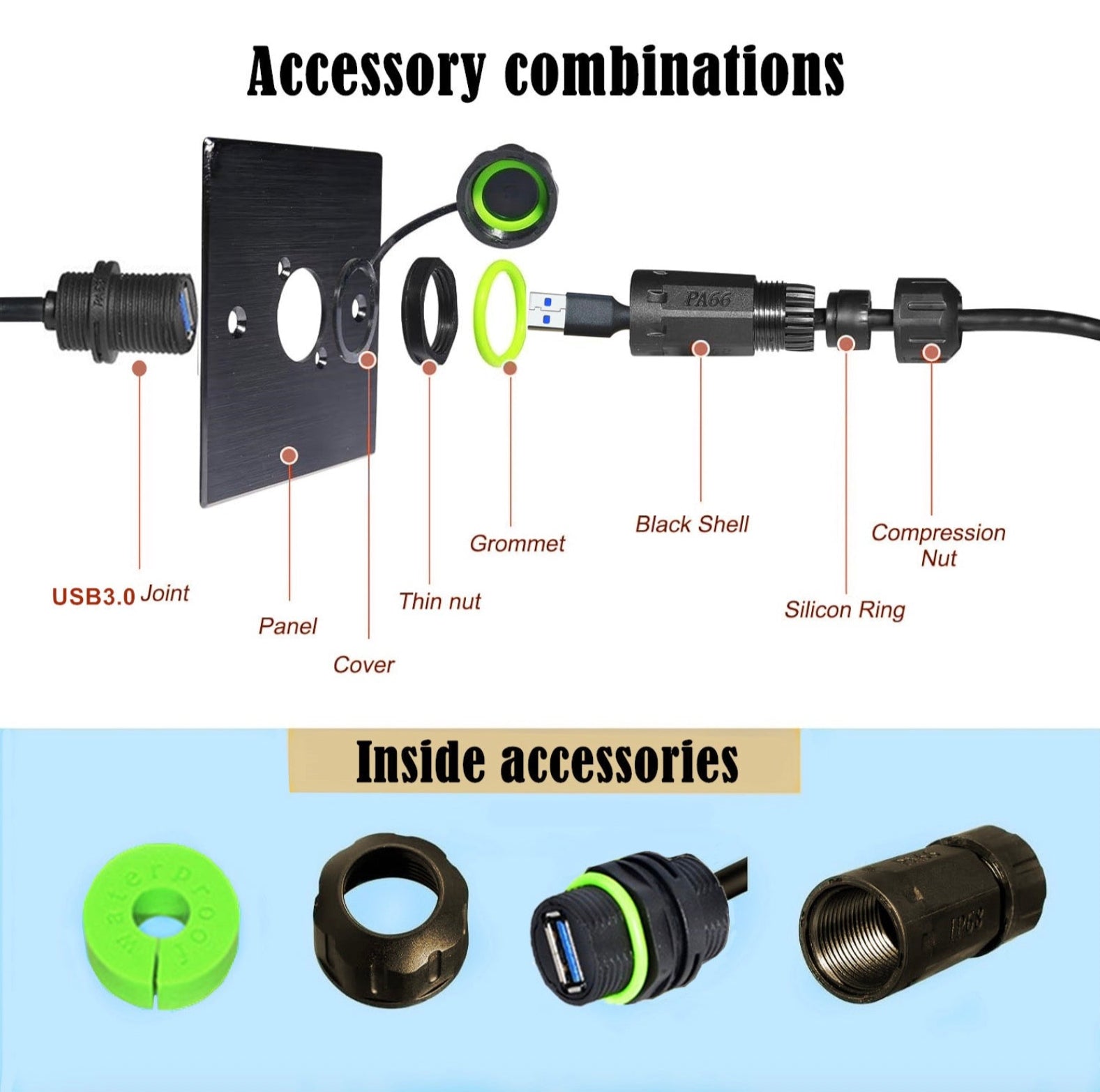USB 3.0 Waterproof Cable,Type A Male to Female Outdoor USB Pass Through Extension Connector
