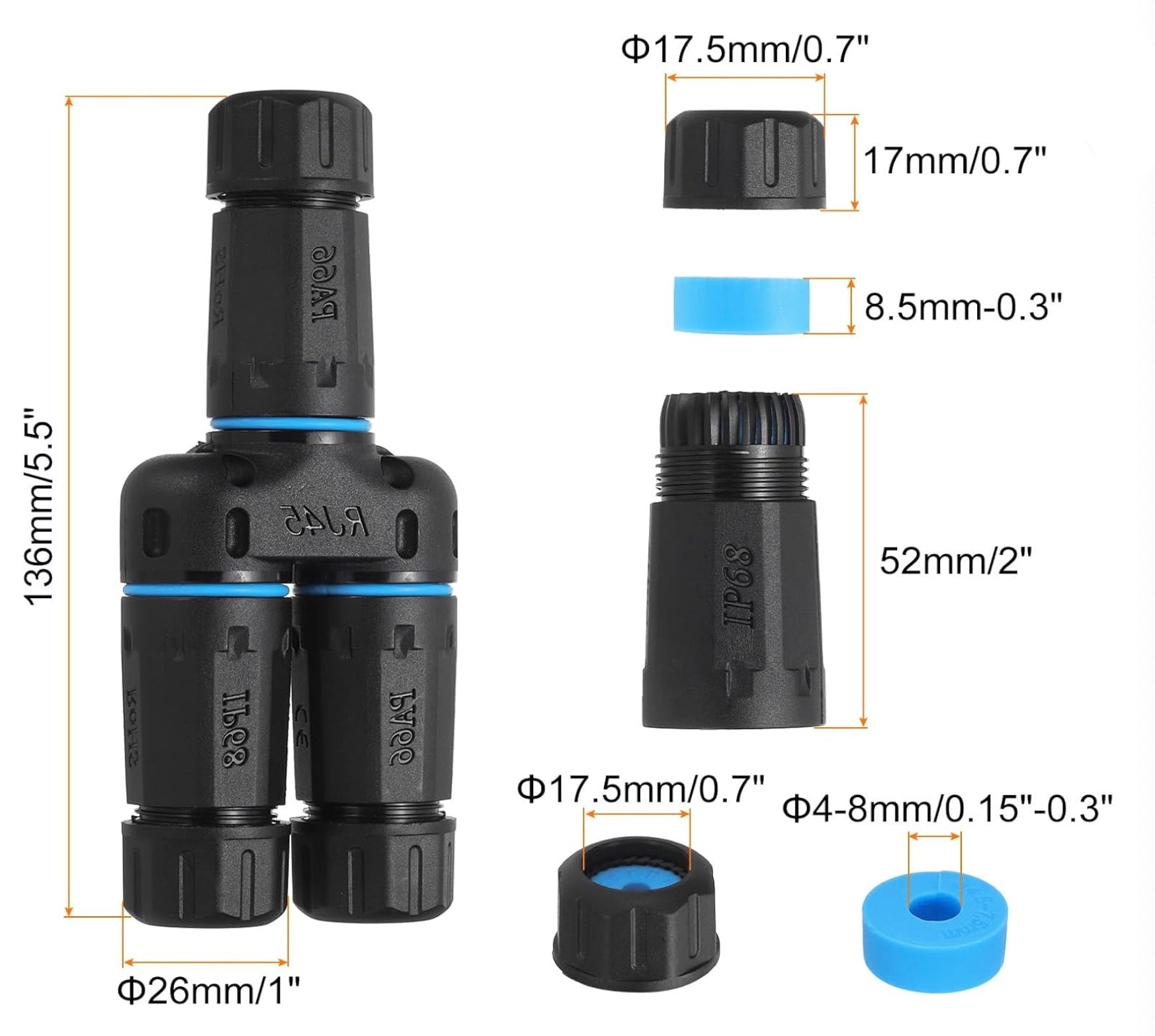 Waterproof RJ45 Coupler, Female to Female 1 in 2 Out Splitter IP68 Ethernet Outdoor LAN Connector Cable
