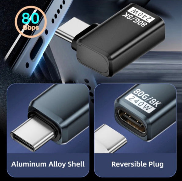 USB C Angled Adapter, USB 4.0 Male to Female Data Charging Extension Connector PD240W 80Gbps