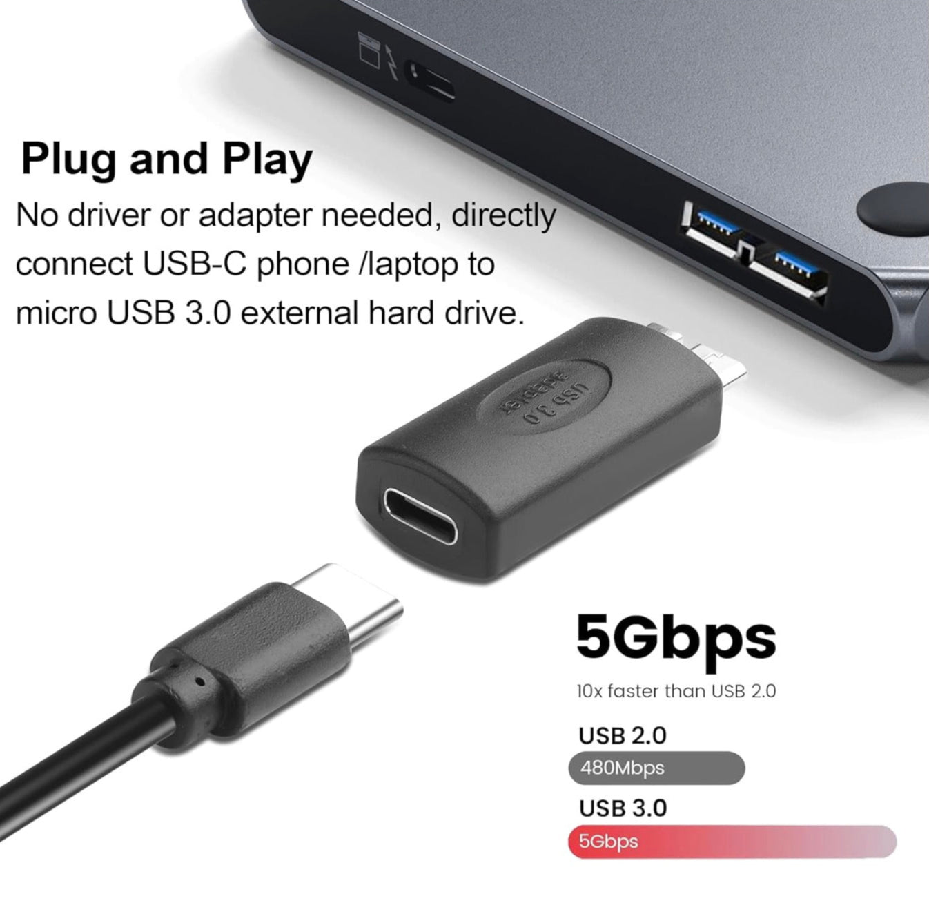 USB Micro B Hard Drive Adapter, Micro B Male to USB C Female Data Transfer Connector