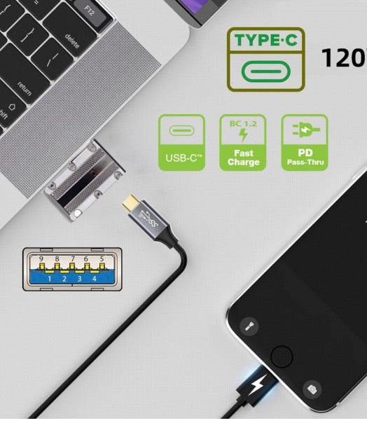 USB 3.0 A Male to USB C Female Data Power Adapter 10Gbps 120W Left Angle