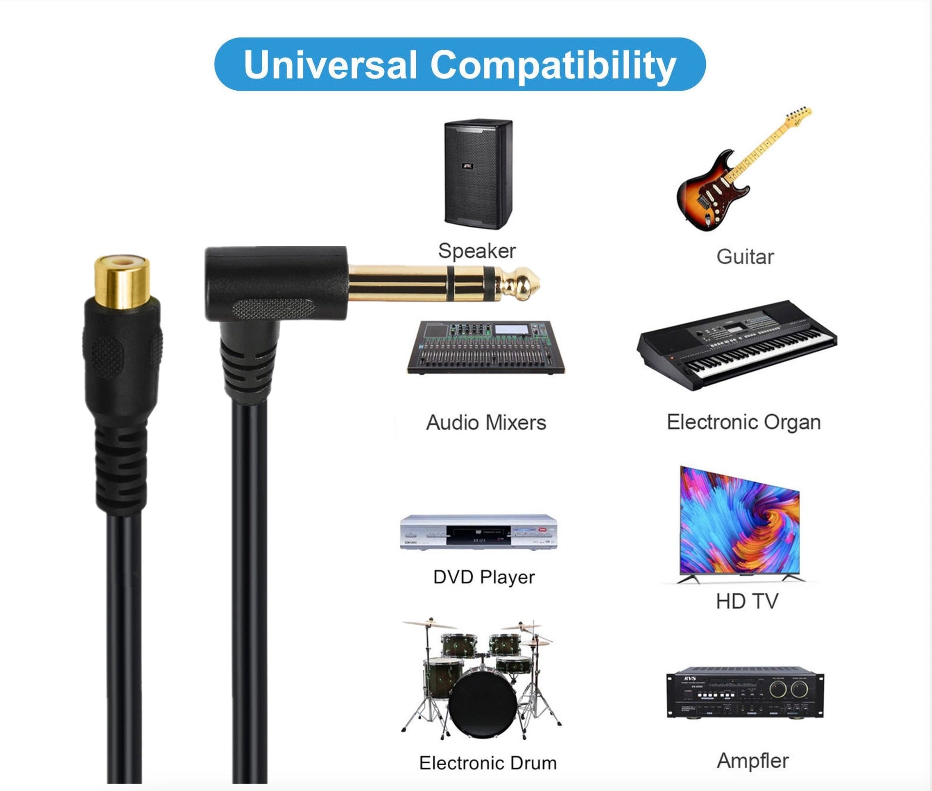 RCA to 1/4" Audio Cable, 6.35mm 1/4 Male Plug Male to Phono Socket Instrument Connector