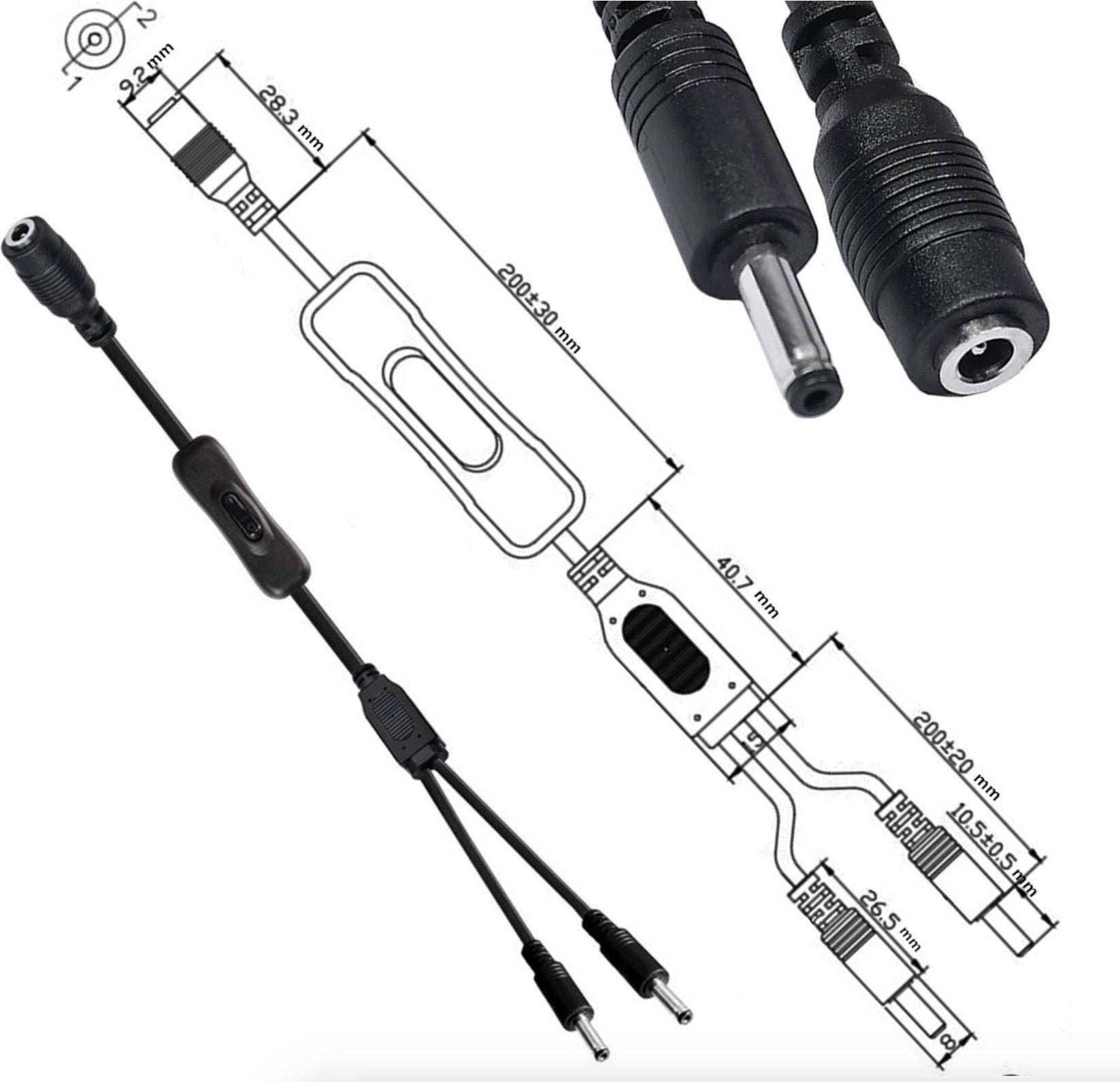 3.5x1.35mm 1 Female to Dual Male DC Charging Cable with Switch For Table Lamp CCTV Camera LED Light