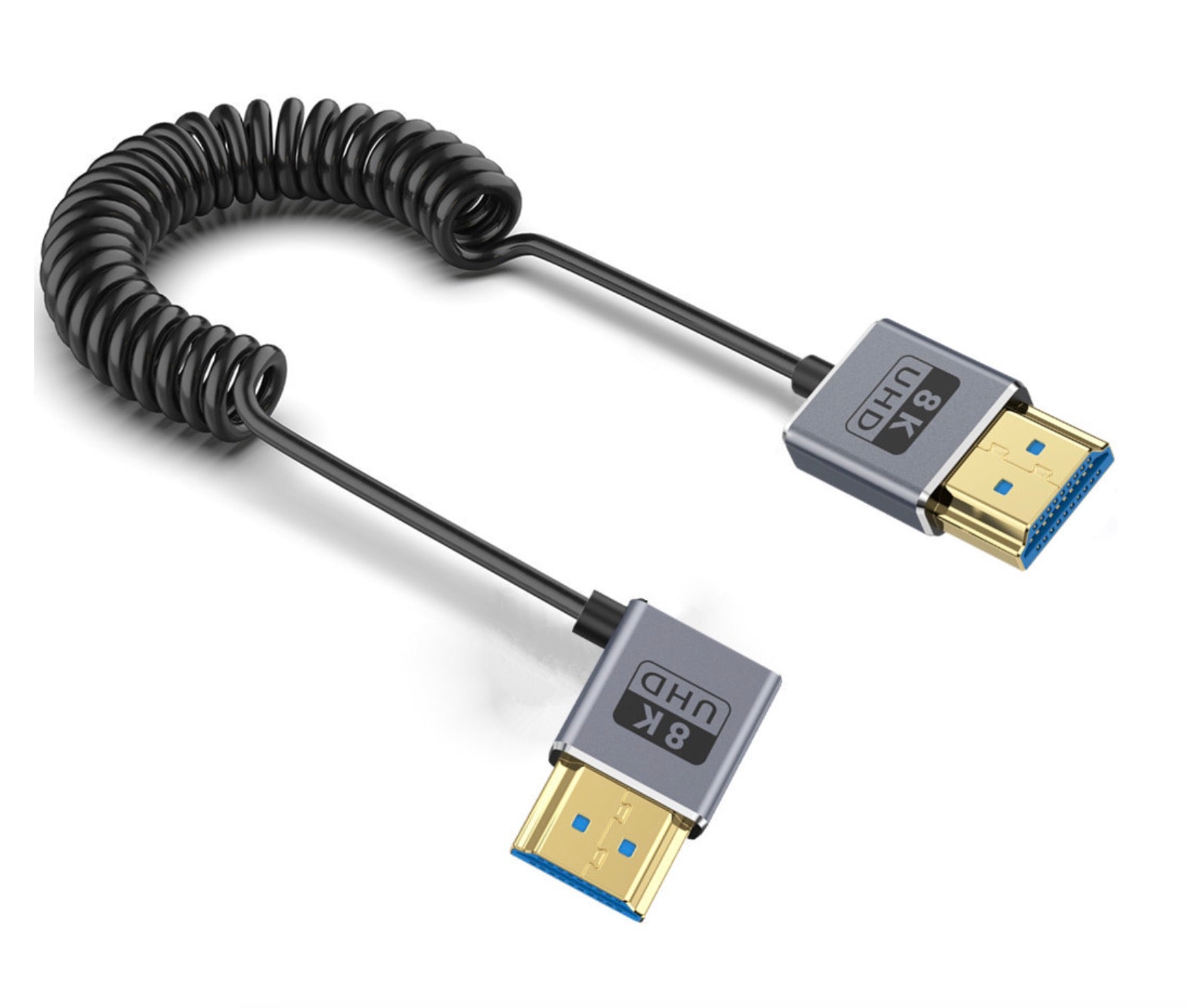 Ultra Thin HDMI 2.1 Coiled Coaxial Cable, Male to Male Flexible Cord | 8K@60Hz | Left Angle