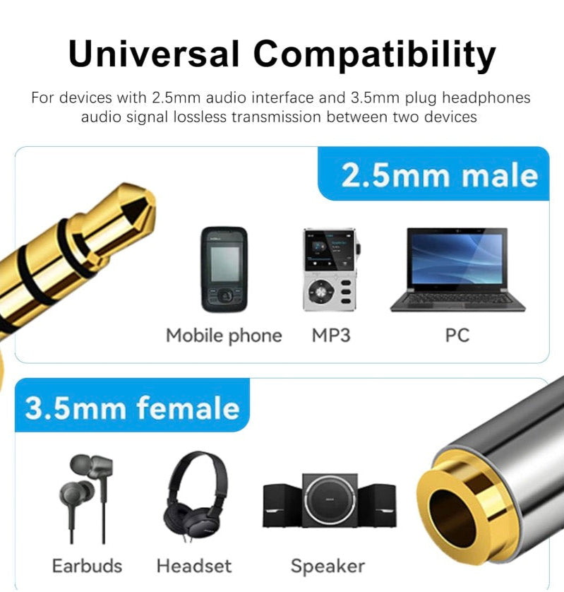 2.5mm Male to 3.5mm Female Headphone Stereo Audio Adapter | 2.5mm Balanced 4 Ring Converter