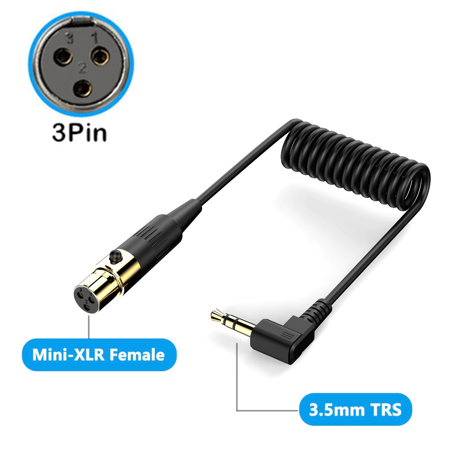 Mini 3 Pin XLR Female to 3.5mm TRS Male PC Camera Microphone Coiled Stereo Audio Cable