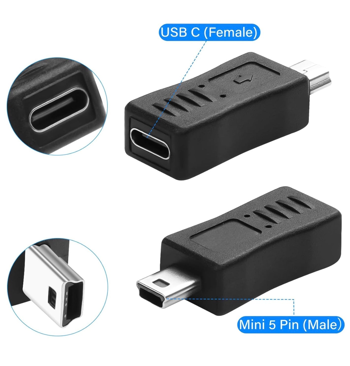 Mini USB to USB C Adapter, Type C Female to Mini USB 2.0 Male Extender | Support Charge & Data Sync