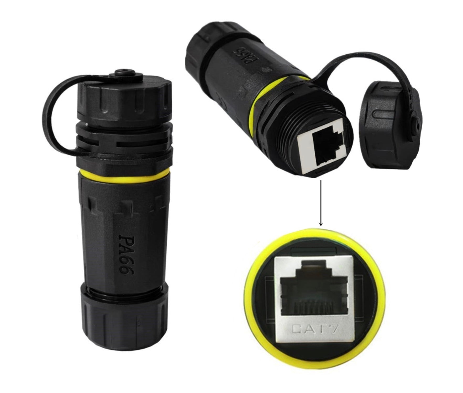 Waterproof CAT7 Adapter, RJ45 Shielded Panel Mount Connector | IP68 Outdoor Ethernet LAN Coupler with Dust Cap