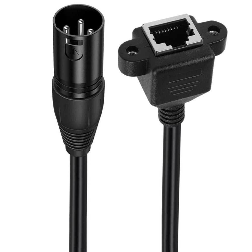 An XLR 3Pin Male to RJ45 Female Ethernet Cable with a black PVC jacket and nickel-plated connectors.