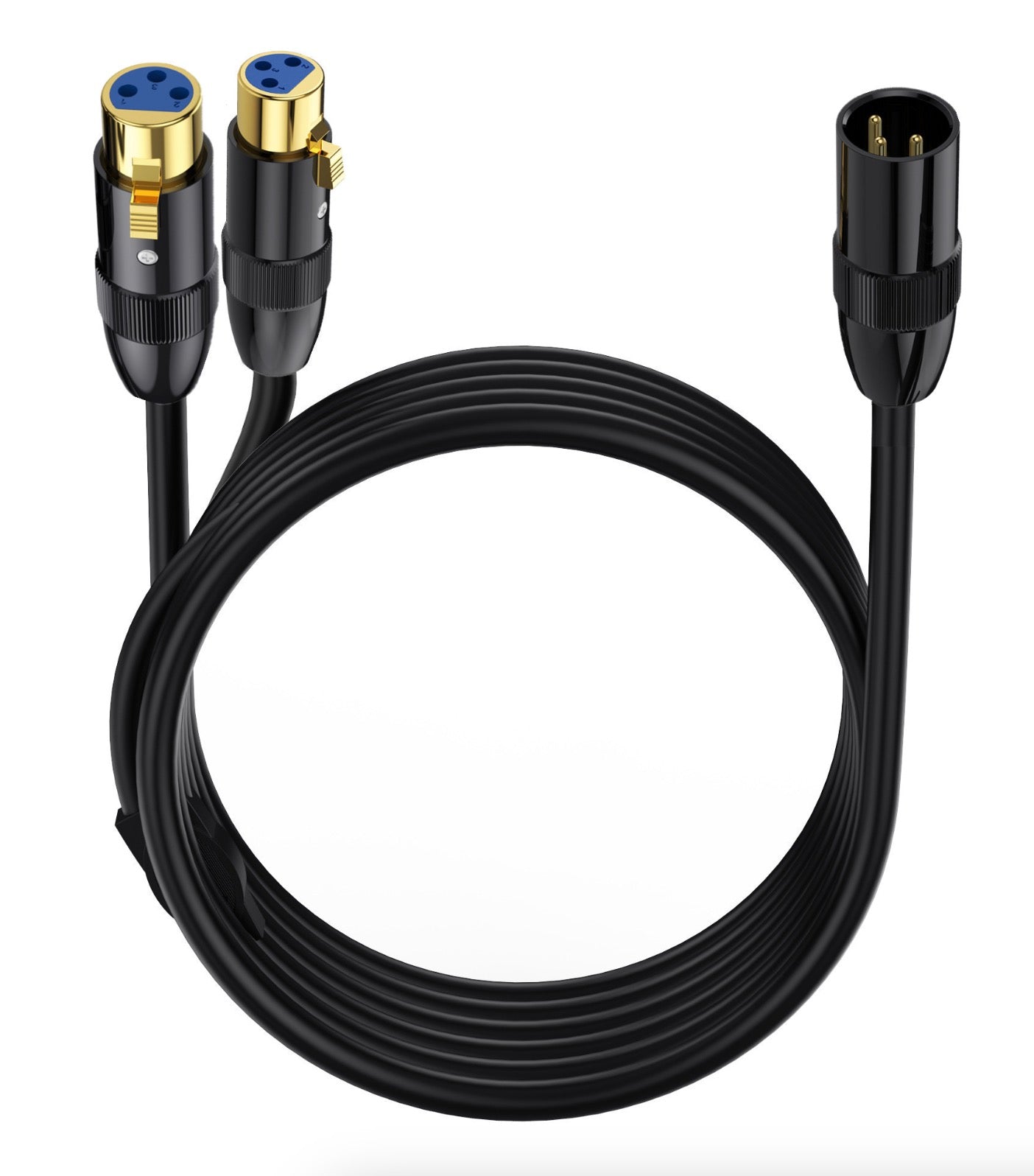 A black XLR male to dual XLR female cable with metal connectors and a braided shield.