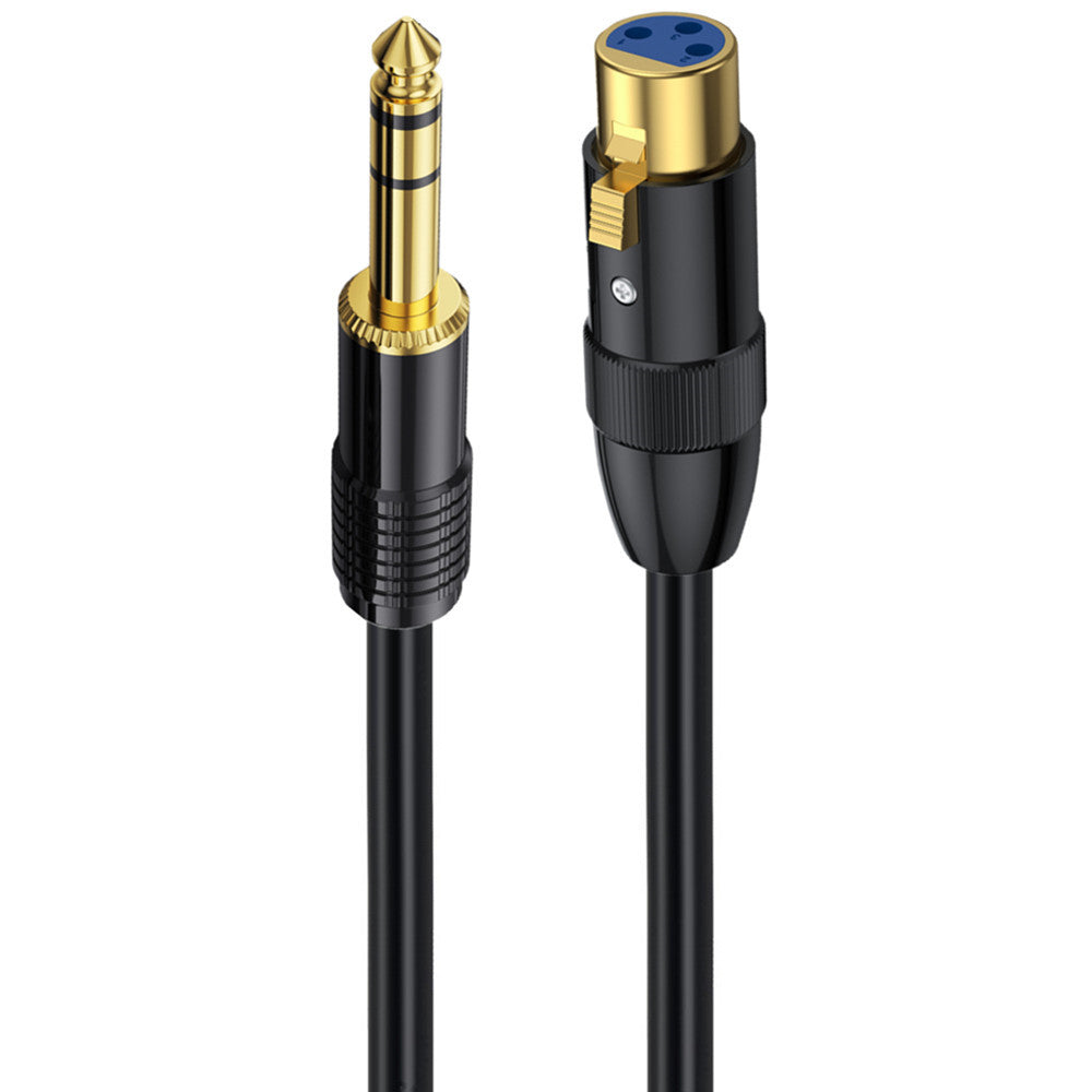 A black microphone cable with a 6.35mm stereo jack on one end and a 3pin XLR female connector on the other, with gold-plated connectors.