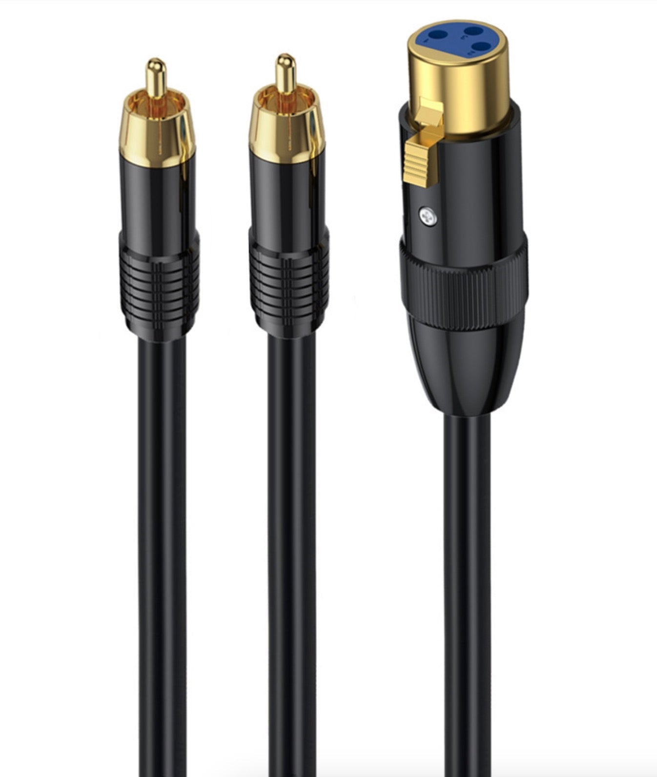 3.5mm stereo audio jack patch cable with XLR 3-pin female to dual RCA male connectors.