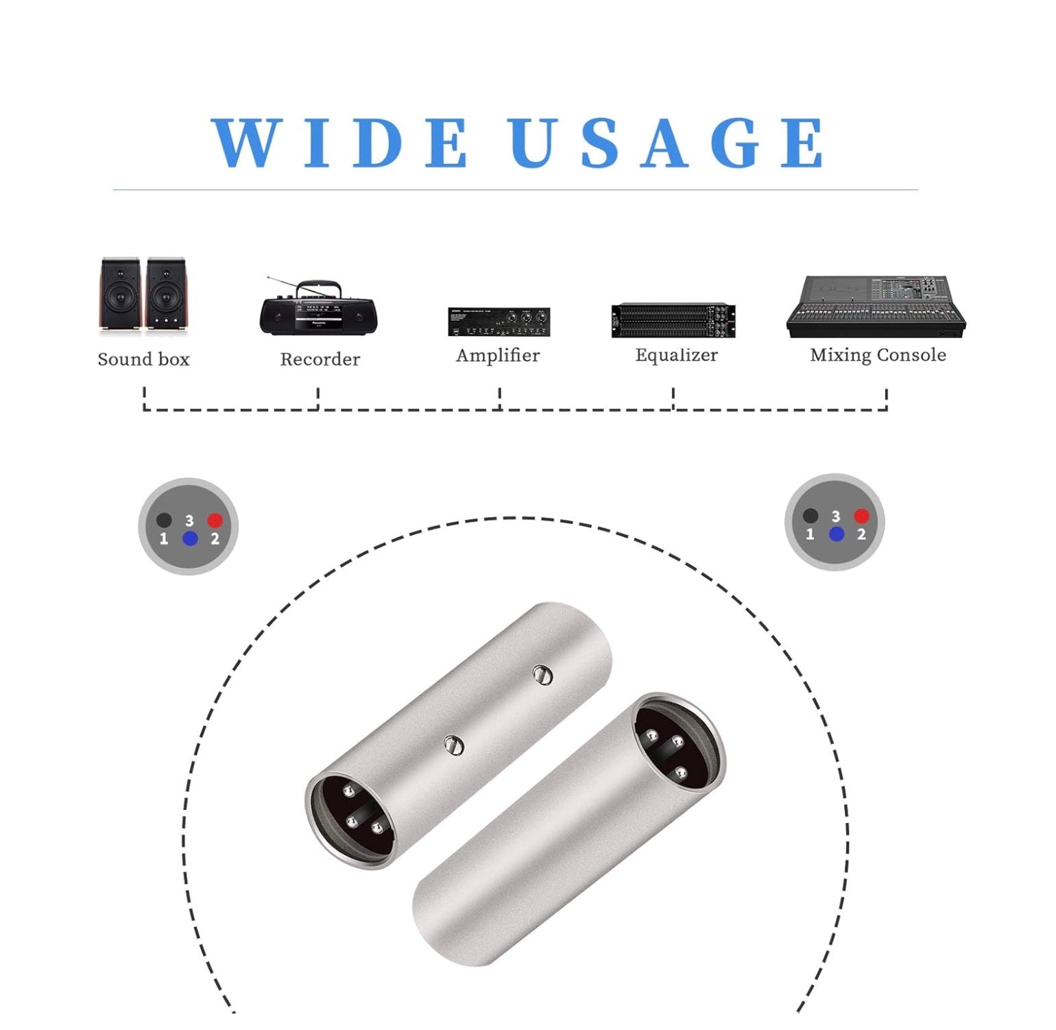 Silver cylindrical connectors with audio equipment icons and text 'Wide Usage'.