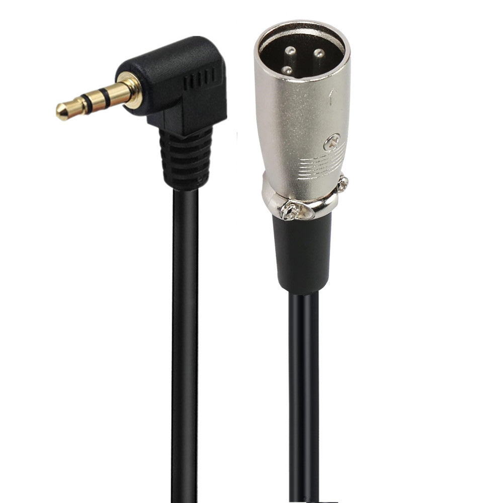 An angled male stereo jack audio cable with one end having a 3.5mm plug and the other end an XLR plug, both in black color.