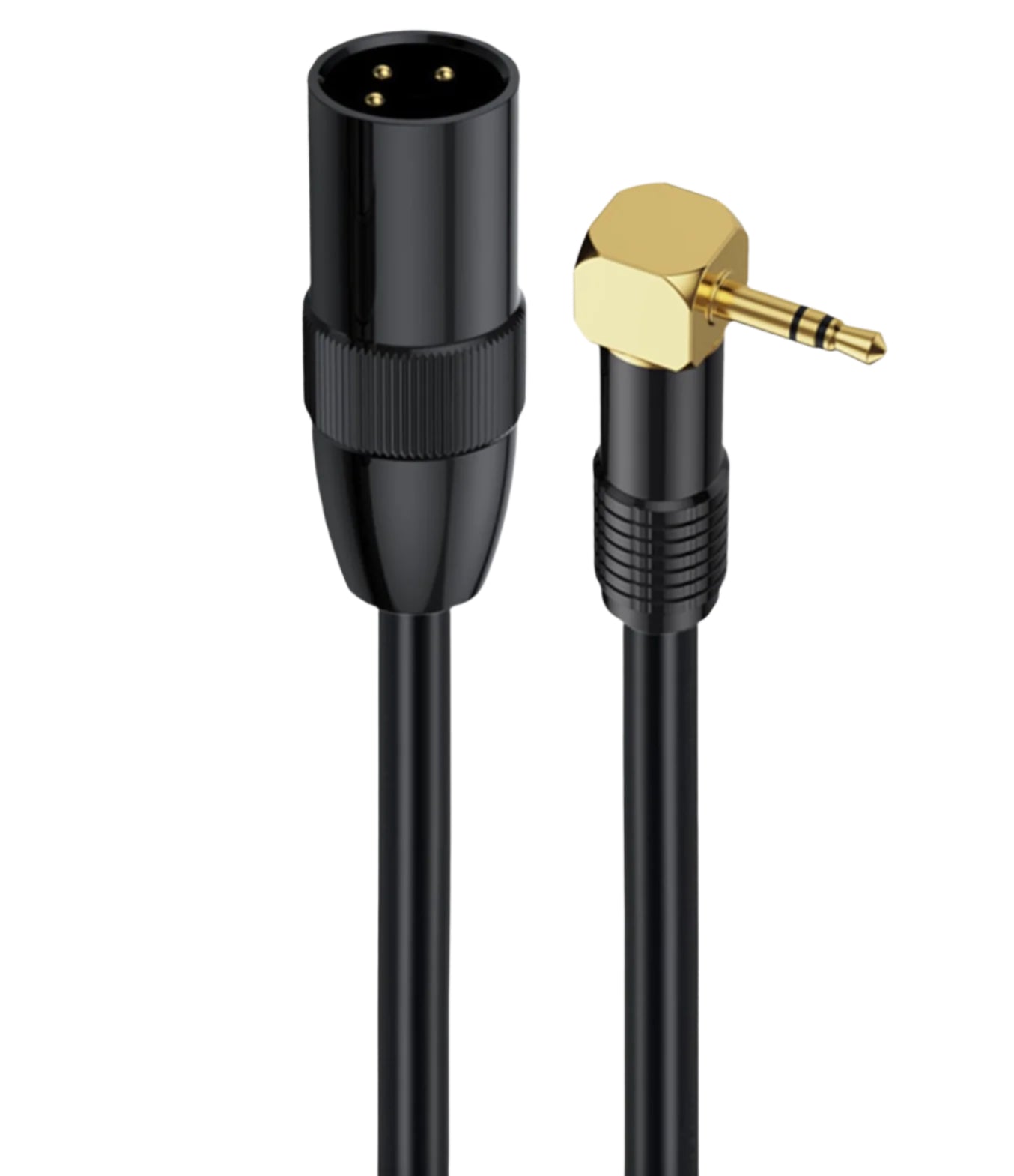 Black audio cable with XLR female connector and 3.5mm right-angle plug on a white background