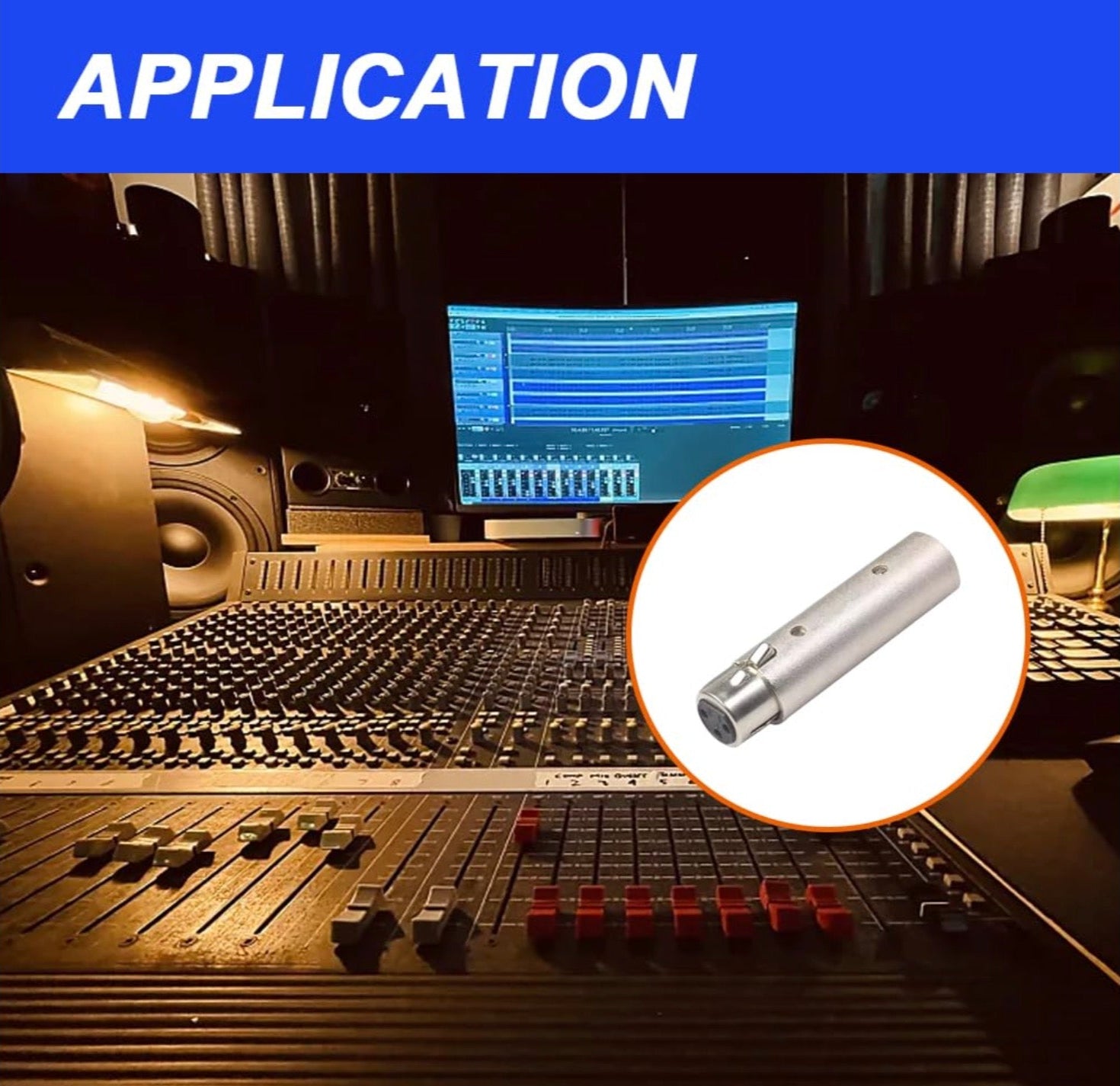 Mixing console in a studio with a small cylindrical object in the foreground.