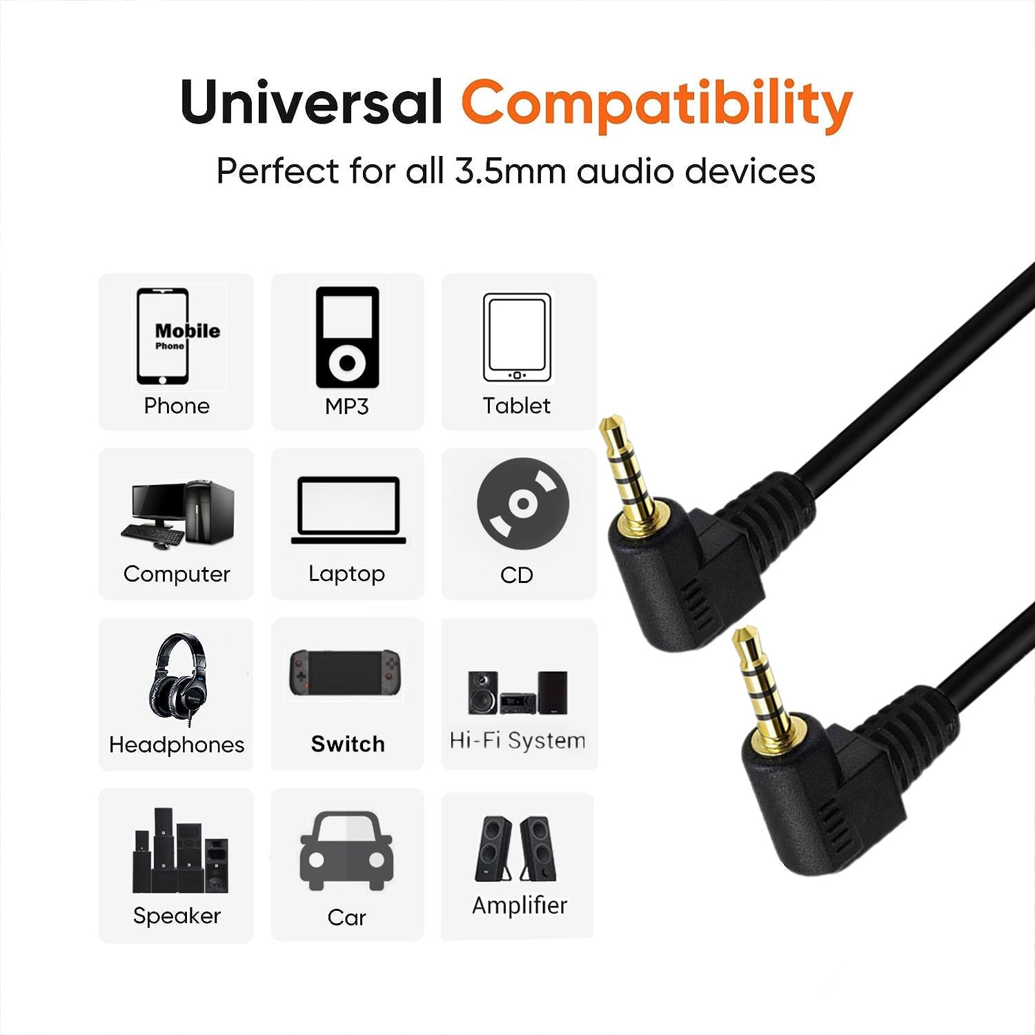 angled 3.5mm male to male TRRS audio cable detail
