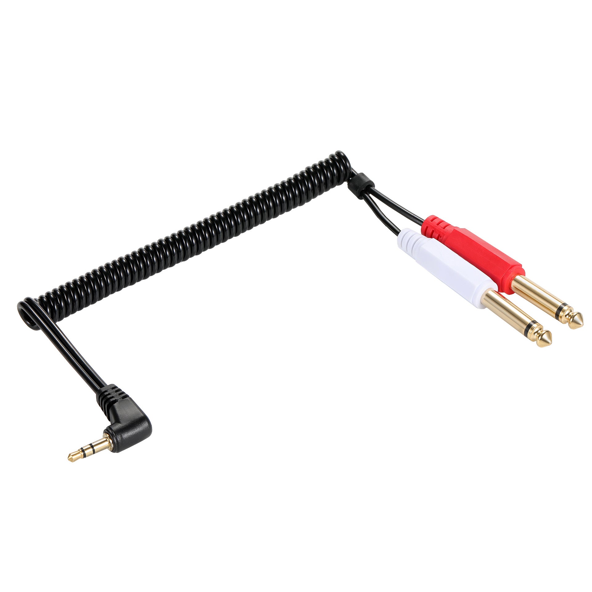 Overview of the coiled 3.5mm to dual 6.35mm audio splitter cable
