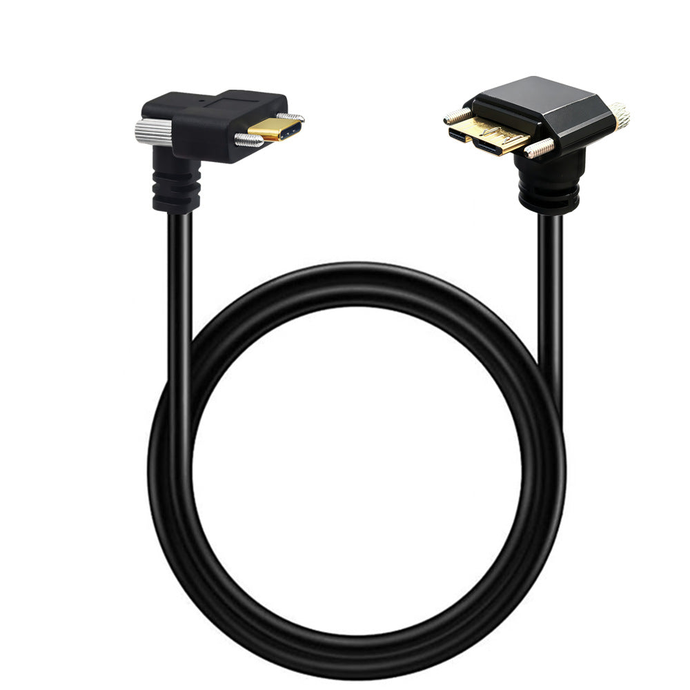 Angled USB-C to Micro USB 3.0 industrial camera cable with locking screws