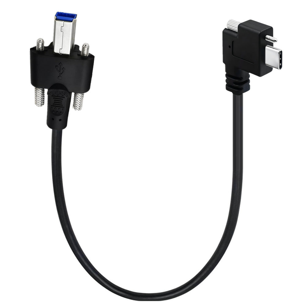 Angled USB-C to USB 3.0 Type-B industrial cable with locking screws at both ends