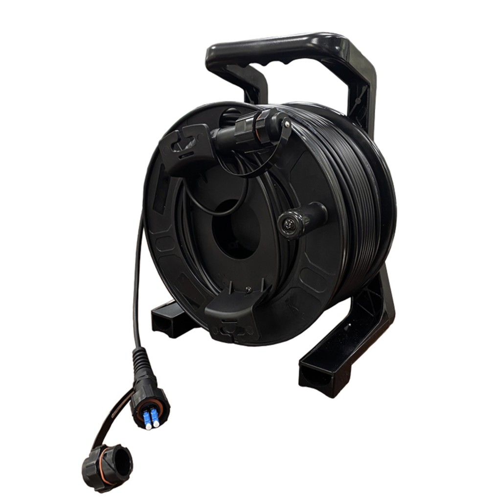 Tactical rugged deployable fiber optic cable reel with LC-LC duplex connectors