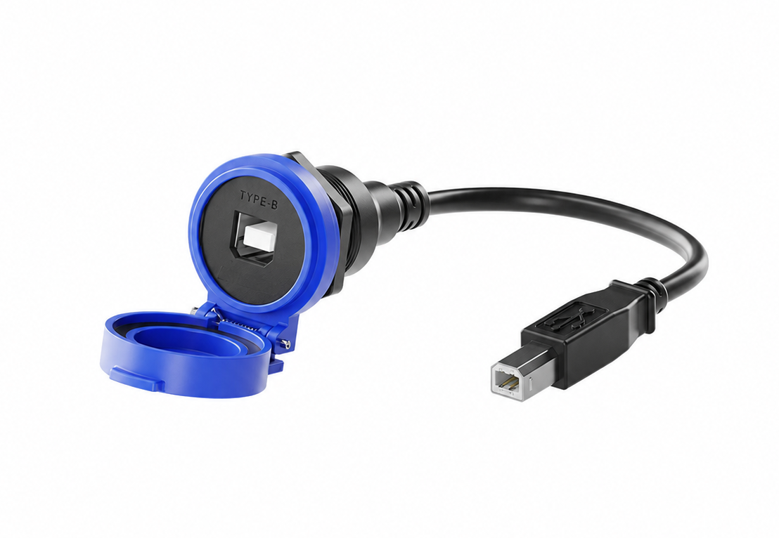 Blue IP65 waterproof USB Type-B panel mount extension cable