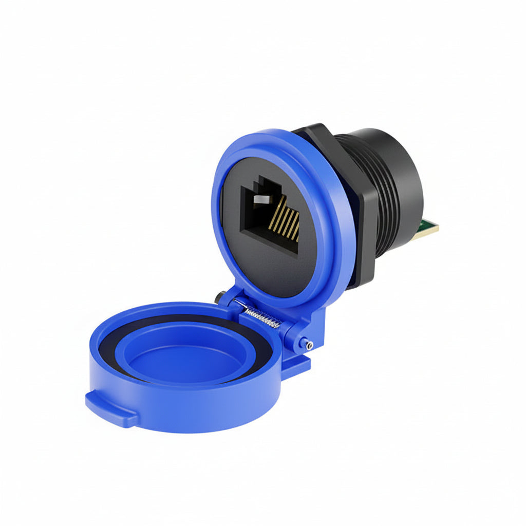 Blue electronic connector with Ethernet port on a white background