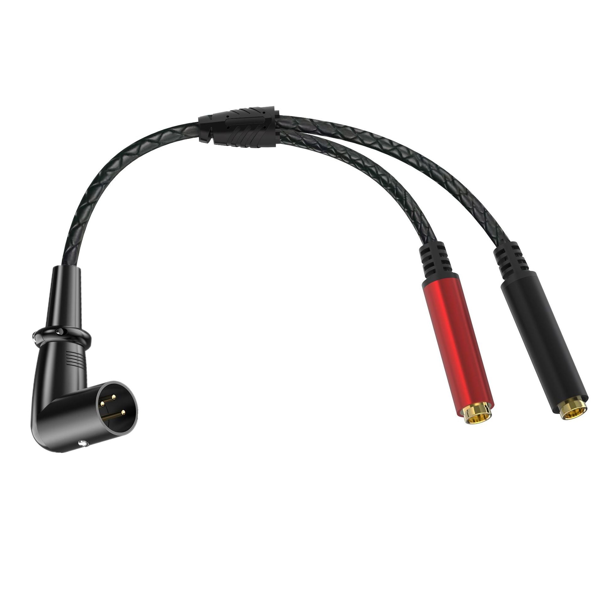 Braided angled XLR male cable with two colour-coded 6.35mm female sockets