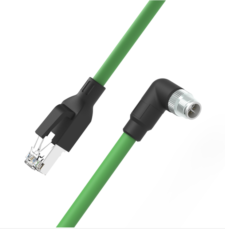M12 X-coded right angle to RJ45 10G Ethernet cable PUR jacket