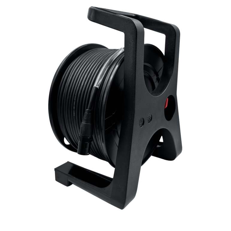 Black wire reel with cable on a white background