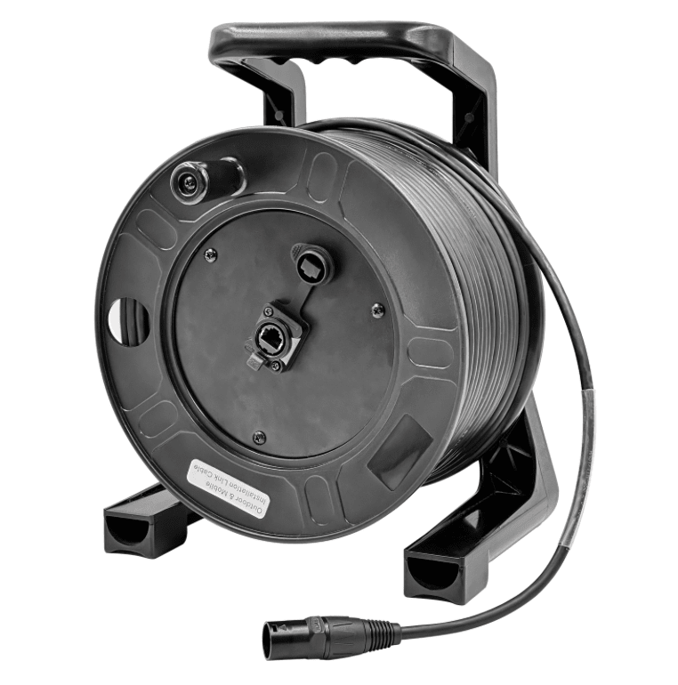 Black cable reel with cable on a white background