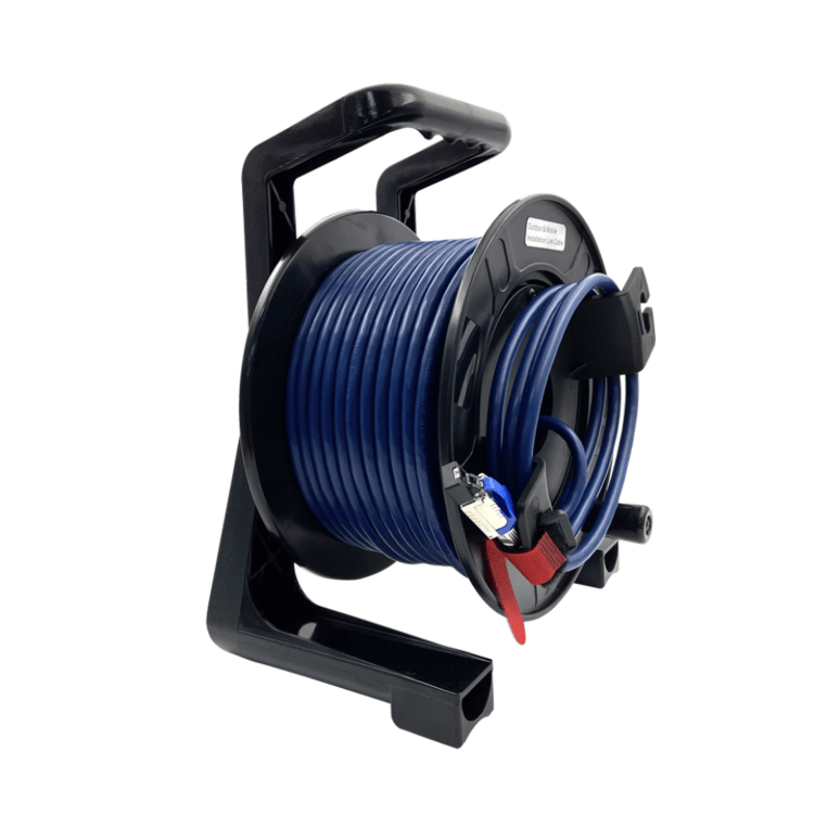 Black reel with blue cable on a white background